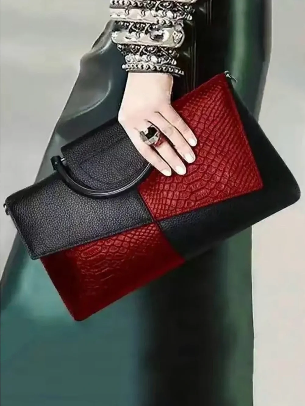 Elegant Two-Tone Black & Burgundy Patchwork Clutch